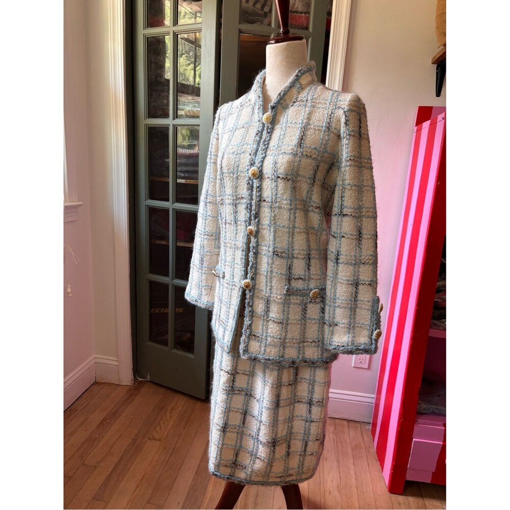 Vintage Adolfo Saks 2 Piece Wool Boucle Suit Set Plaid Skirt Jacket ILGWU USA